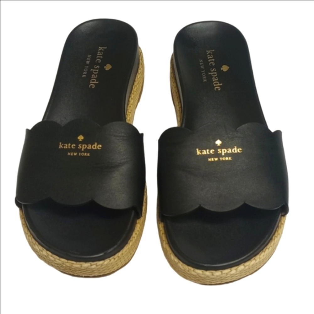 ♠️ KATE SPADE "ZEST" BLACK LEATHER ESPADRILLES SLIDES WITH FRONT GOLD LOGO - Picture 3 of 10
